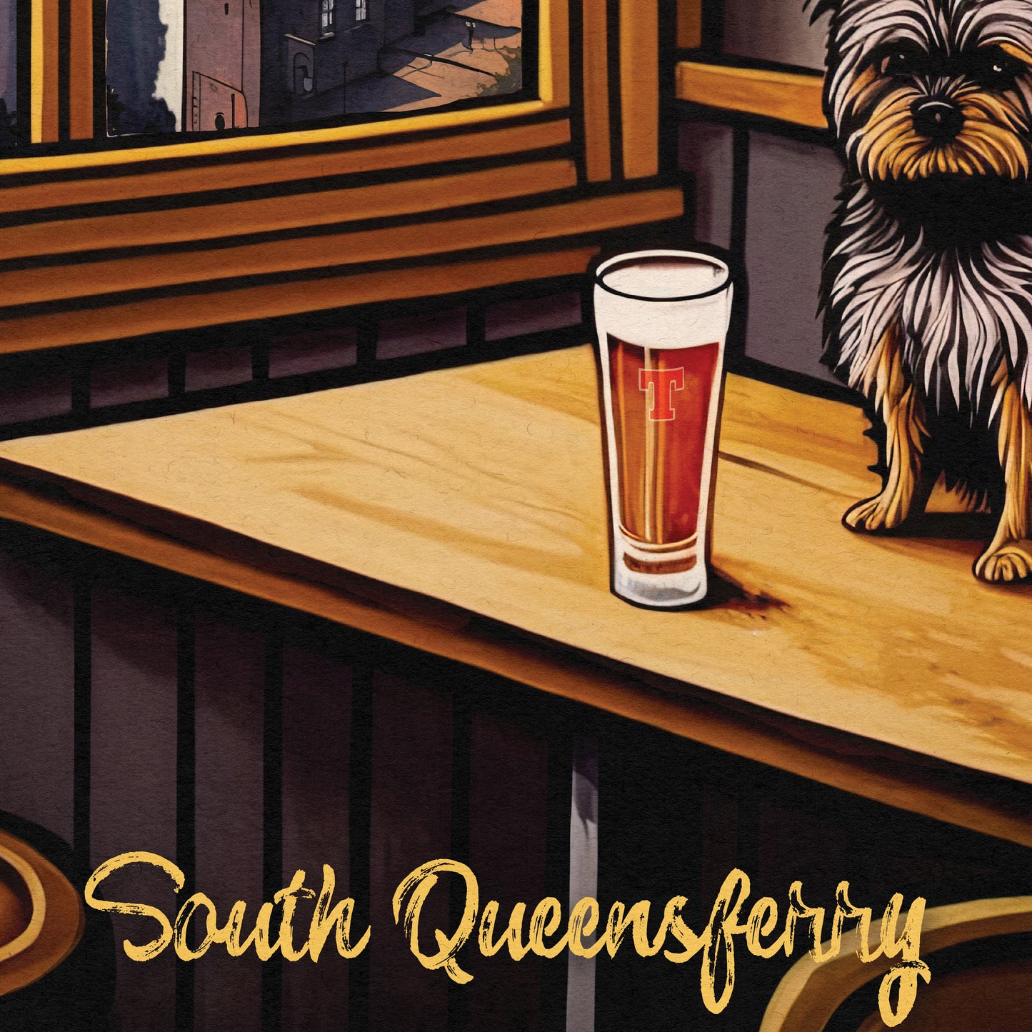 South Queensferry Pub with a View of the Forth Bridge - Vibrant Colourful Edinburgh Poster - Scottish Wall Art - Forth Rail Bridge Print