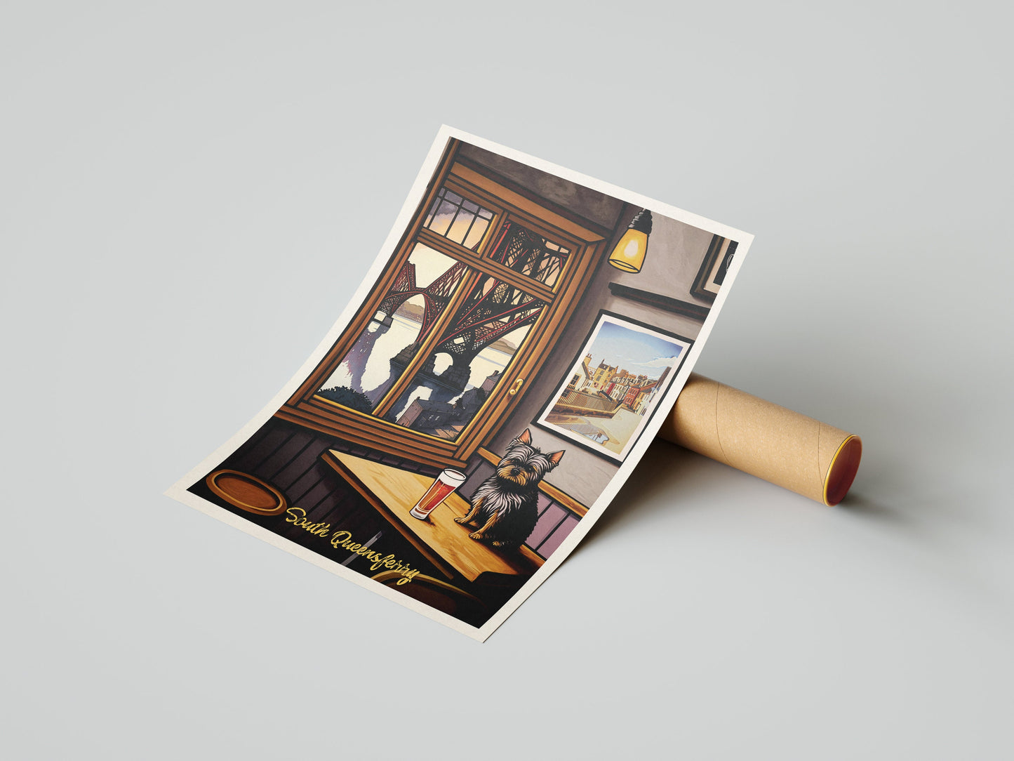 South Queensferry Pub with a View of the Forth Bridge - Vibrant Colourful Edinburgh Poster - Scottish Wall Art - Forth Rail Bridge Print