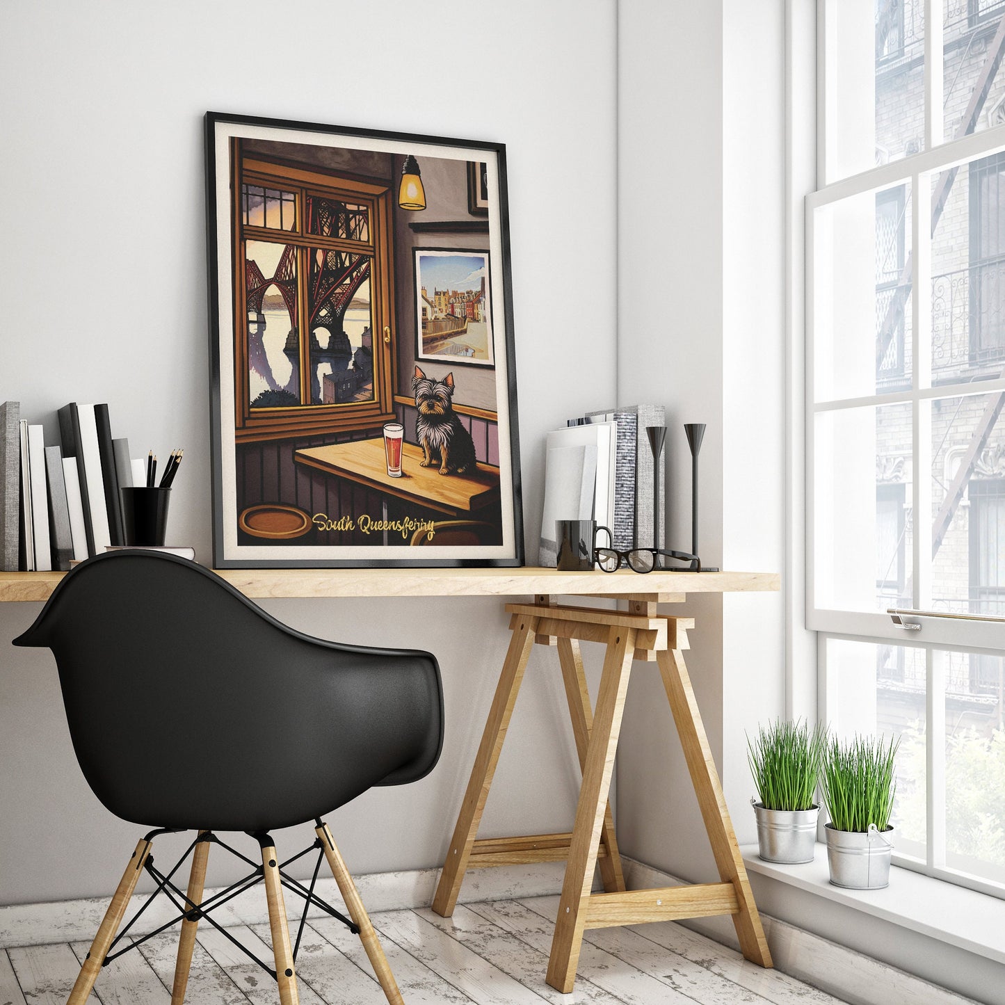 South Queensferry Pub with a View of the Forth Bridge - Vibrant Colourful Edinburgh Poster - Scottish Wall Art - Forth Rail Bridge Print