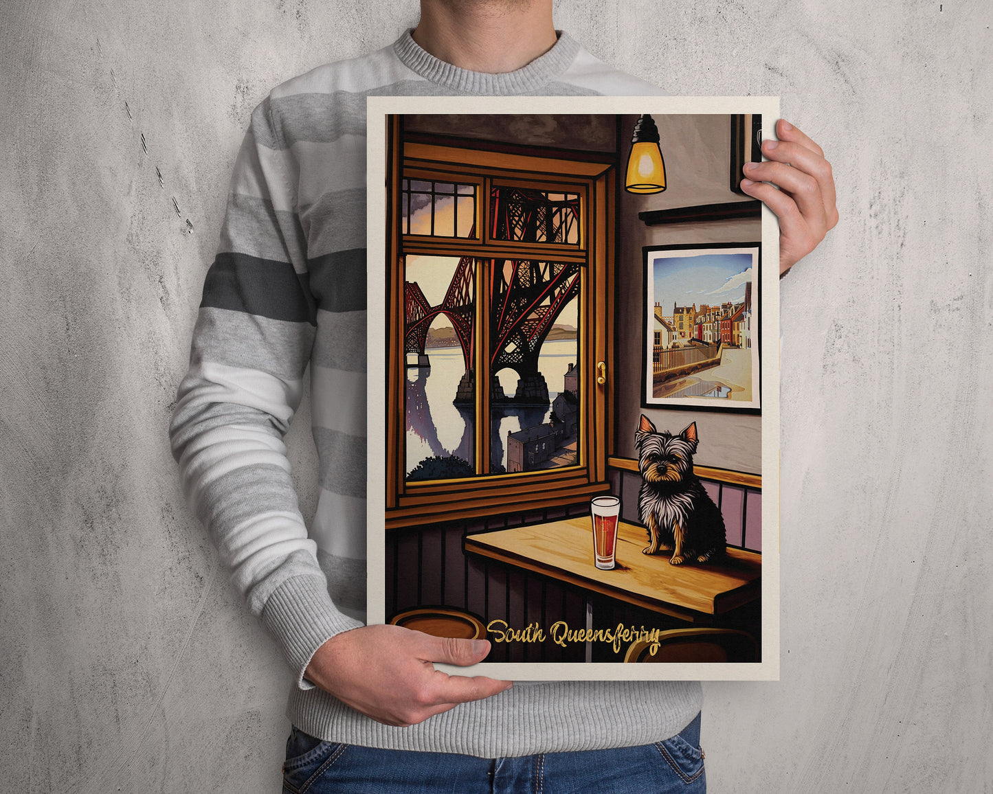 South Queensferry Pub with a View of the Forth Bridge - Vibrant Colourful Edinburgh Poster - Scottish Wall Art - Forth Rail Bridge Print