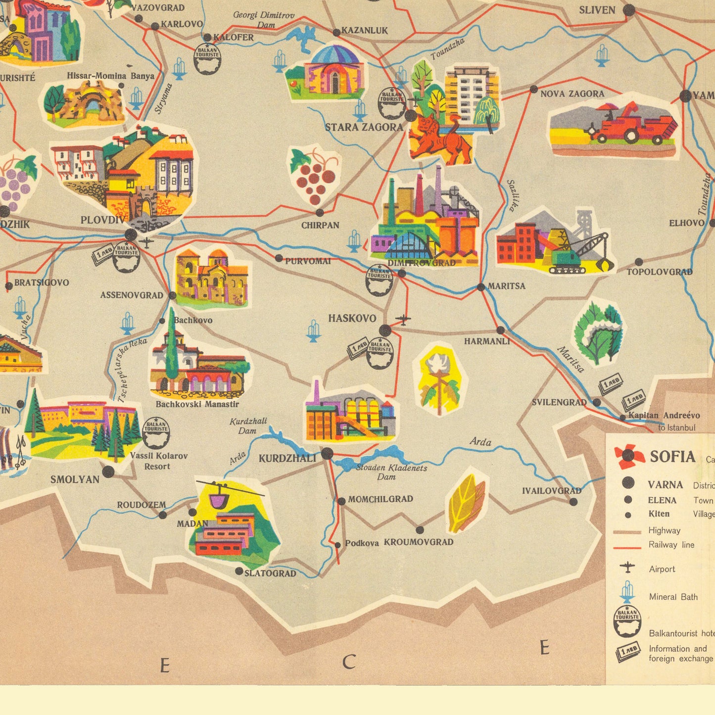 Bulgaria Tourist Map - Old Print of Bulgaria - Berkovista - Rousse - Silistra - Tolbouhin - Varna - Pomorie - Sozopol - Bourgas - Sofia