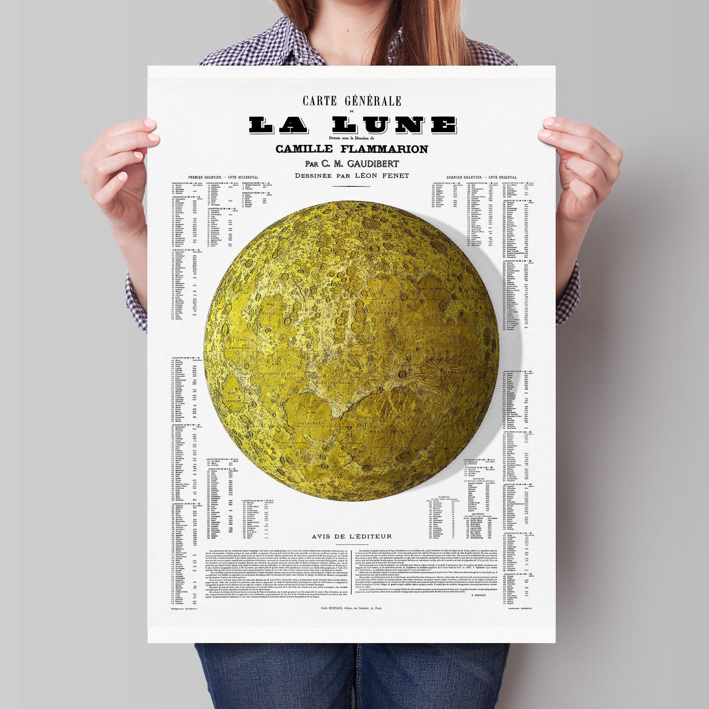 Moon Map Print- Vintage Restoration - Illustrated Print showing Craters - Lunar Map - Camille Flammarion