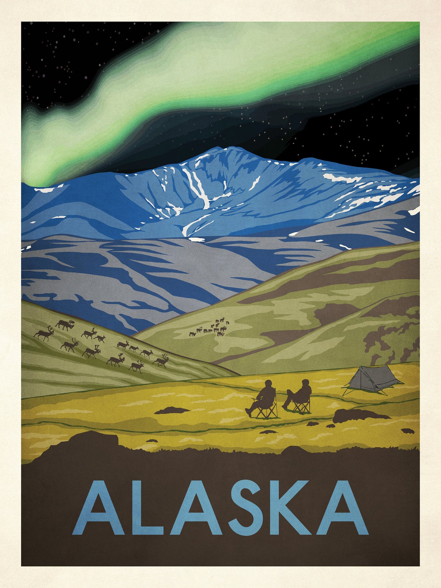 Alaska Travel Poster, retro Alaska print, American Travel Poster, Vintage looking, Northern Lights, Camping Poster