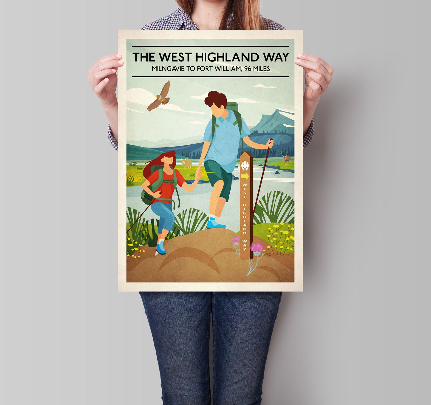 West Highland Way Poster, Scottish Hillwalking Print featuring Highland Cow and Stag