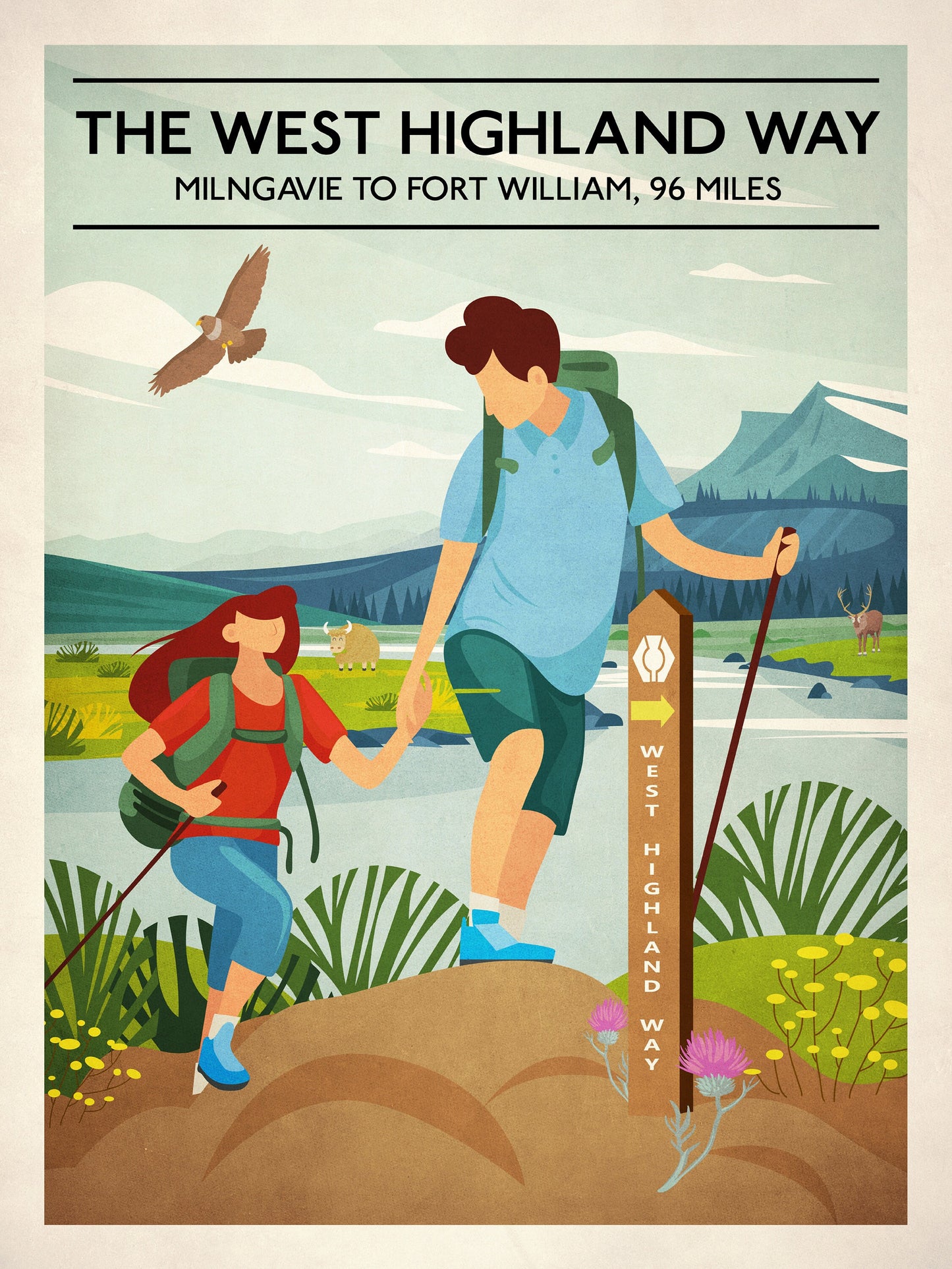 West Highland Way Poster, Scottish Hillwalking Print featuring Highland Cow and Stag