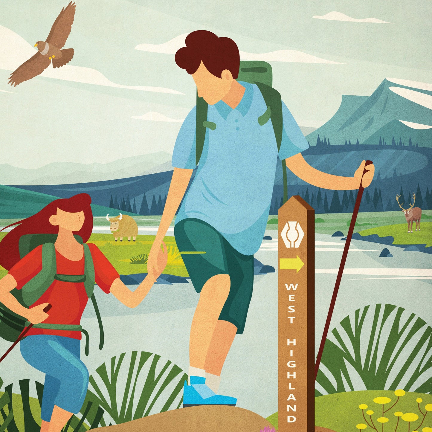 West Highland Way Poster, Scottish Hillwalking Print featuring Highland Cow and Stag