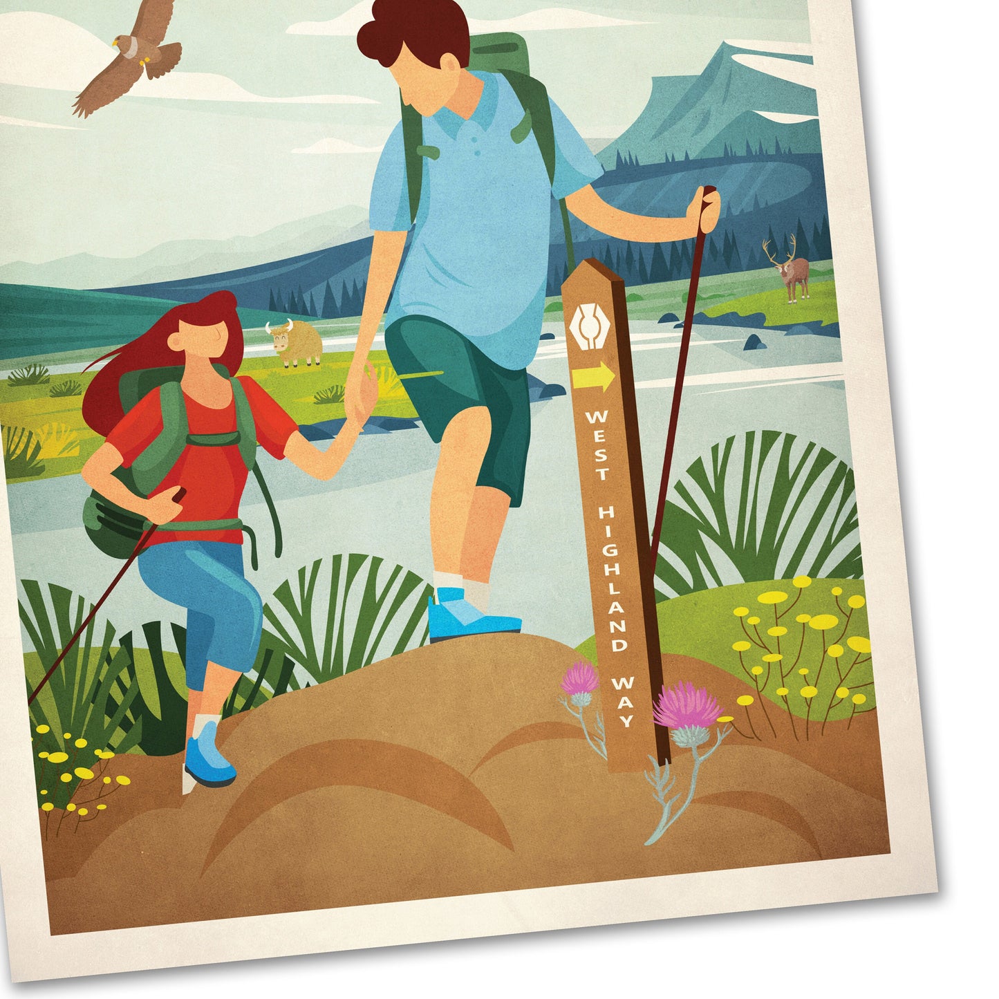 West Highland Way Poster, Scottish Hillwalking Print featuring Highland Cow and Stag