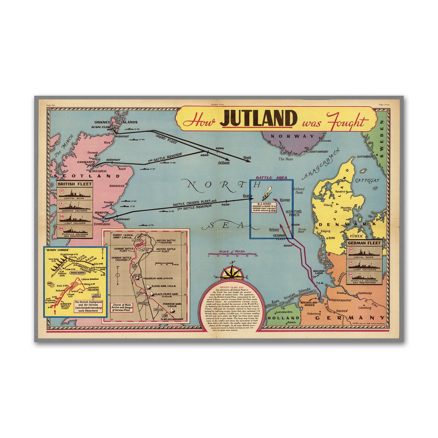 How Jutland Was Fought | Map of Battle of Jutland| World War 1 Poster| WW1 Wall Art Print| Military Map Wall Art|WW1 Maps Wall Print