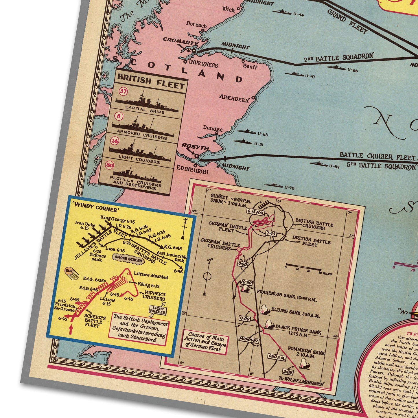 How Jutland Was Fought | Map of Battle of Jutland| World War 1 Poster| WW1 Wall Art Print| Military Map Wall Art|WW1 Maps Wall Print