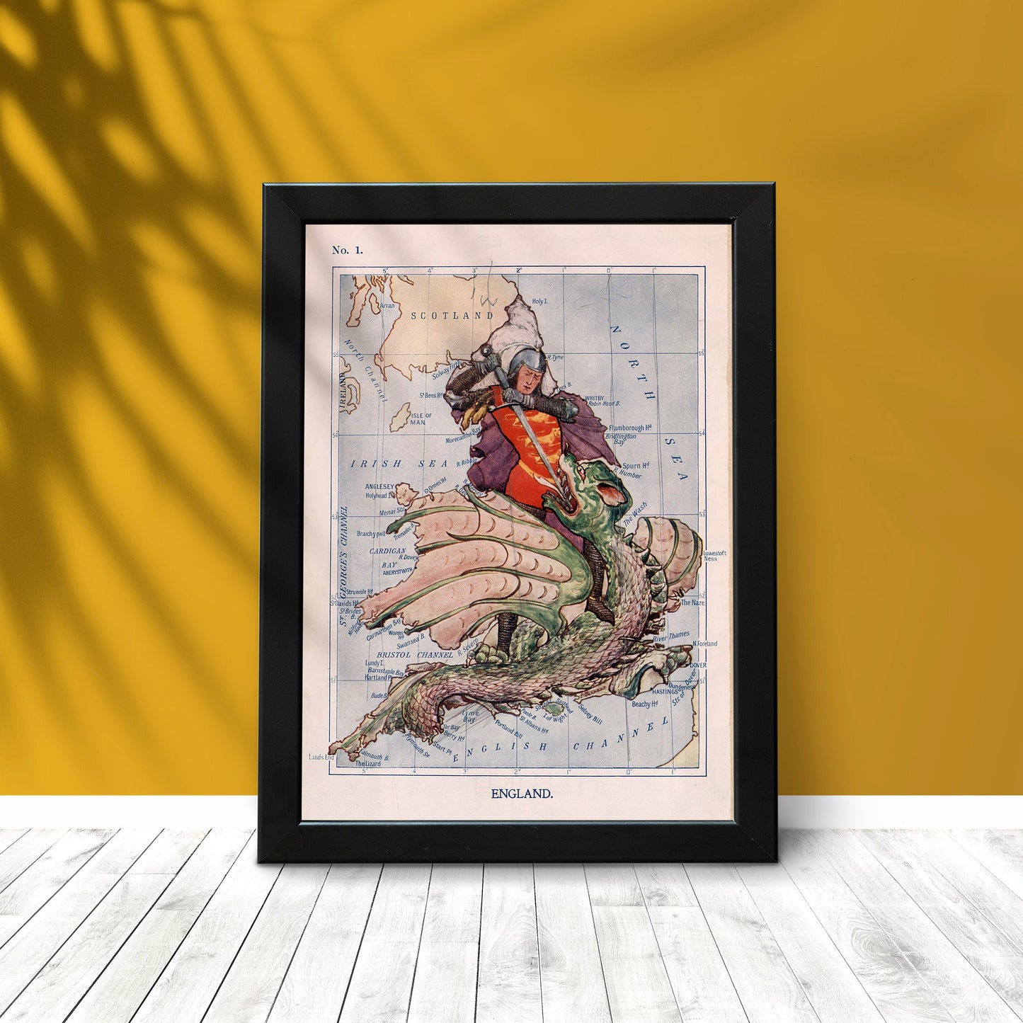 Caricature Map of England , Illustrated Map, St George Wins the Victory over the Dragon by Lilian Lancaster (1868), Humorous Map of England