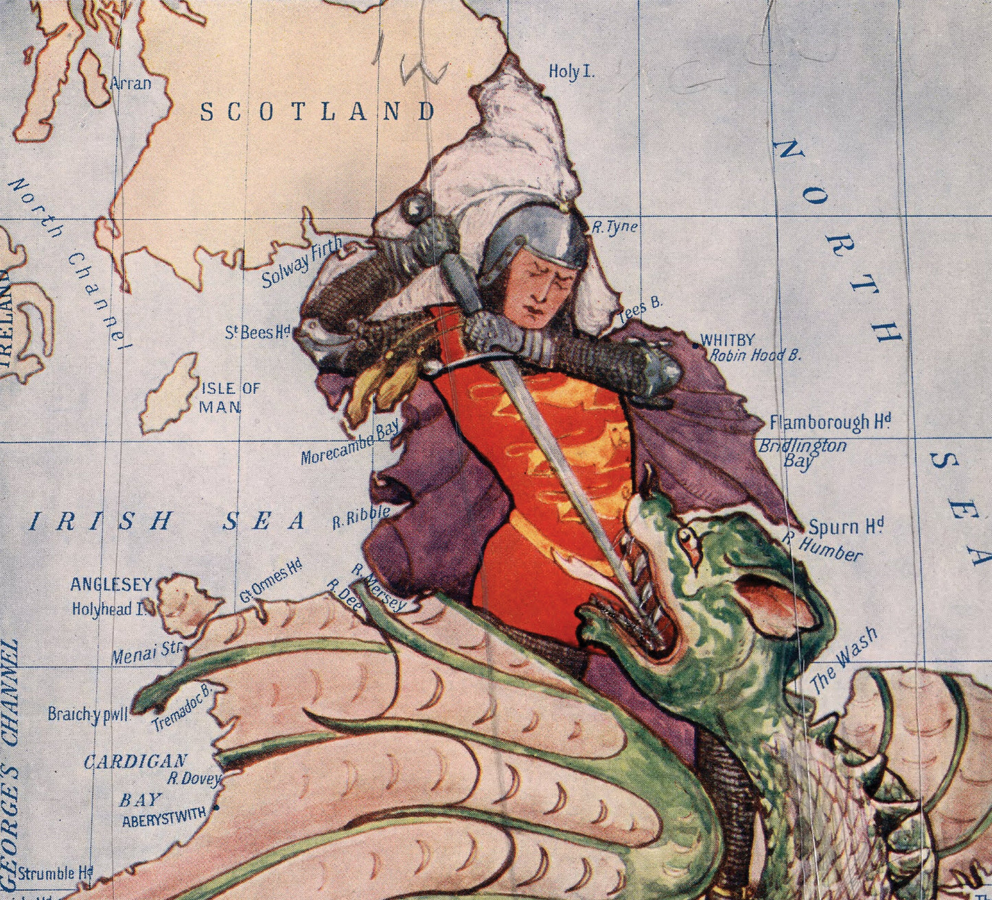 Caricature Map of England , Illustrated Map, St George Wins the Victory over the Dragon by Lilian Lancaster (1868), Humorous Map of England