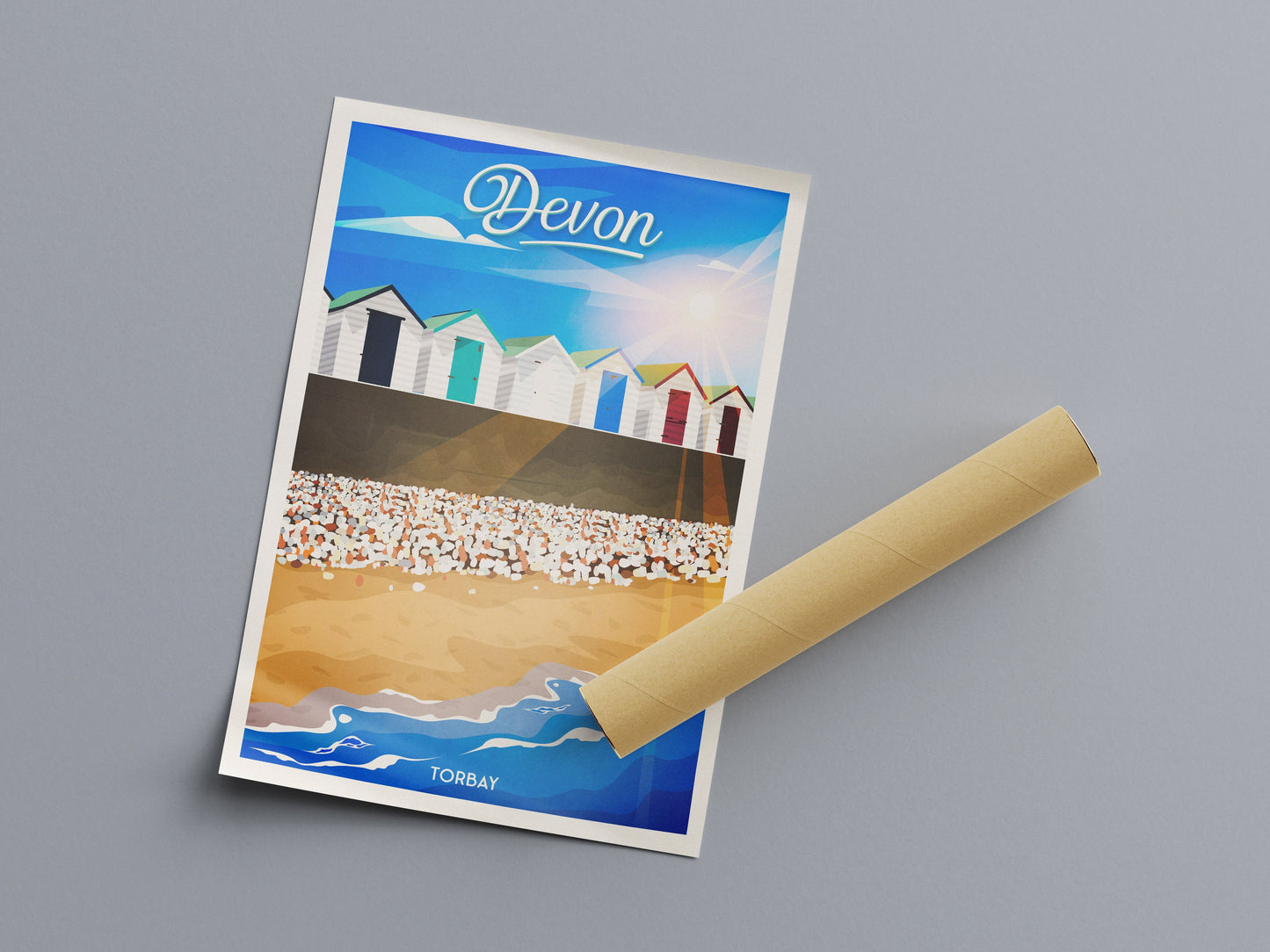 Devon Travel Poster | Torbay | Broadsands Beach | South Devon | England | Beach Huts | Wall Art | Home Decor Artwork | Wedding gift | UK