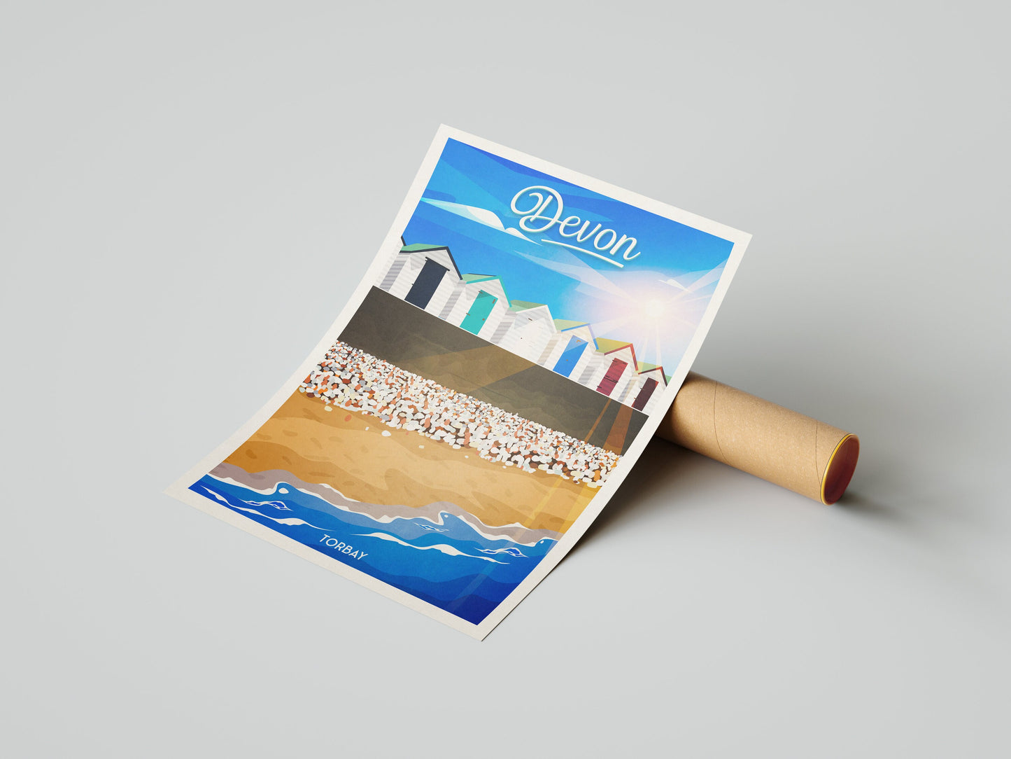Devon Travel Poster | Torbay | Broadsands Beach | South Devon | England | Beach Huts | Wall Art | Home Decor Artwork | Wedding gift | UK
