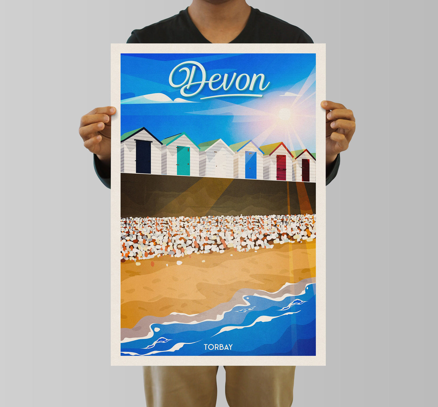 Devon Travel Poster | Torbay | Broadsands Beach | South Devon | England | Beach Huts | Wall Art | Home Decor Artwork | Wedding gift | UK