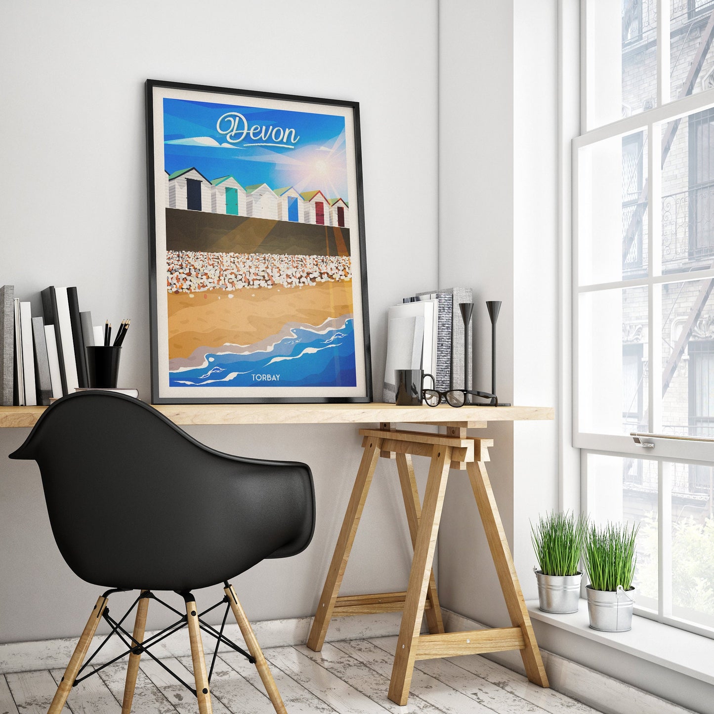 Devon Travel Poster | Torbay | Broadsands Beach | South Devon | England | Beach Huts | Wall Art | Home Decor Artwork | Wedding gift | UK