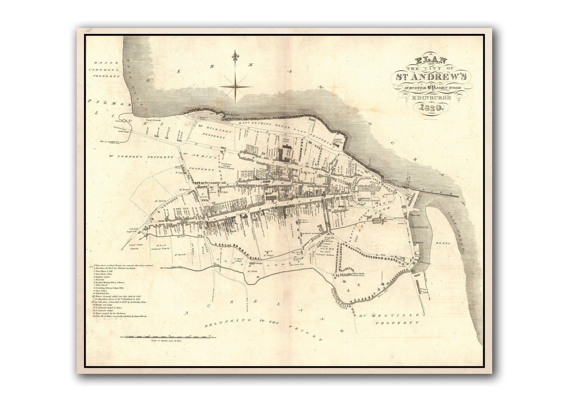 Old Map of St. Andrews | Ancient Scottish Map | Fine Art Print | Antique town survey by John Wood, St Andrews University, from 1820