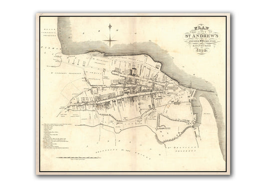 Old Map of St. Andrews | Ancient Scottish Map | Fine Art Print | Antique town survey by John Wood, St Andrews University, from 1820