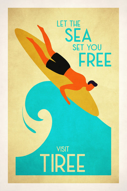 Tiree Surfing Poster, Let The Sea Set You Free, Vintage looking Surfing illustration, Tiree Print, Tiree Art, Surfer Gifts, Tiree Travel