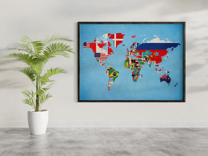 World Map of Flags - Country Map Poster - Educational Art - Kid's Room - National Flags - Map Art - Gift for Him