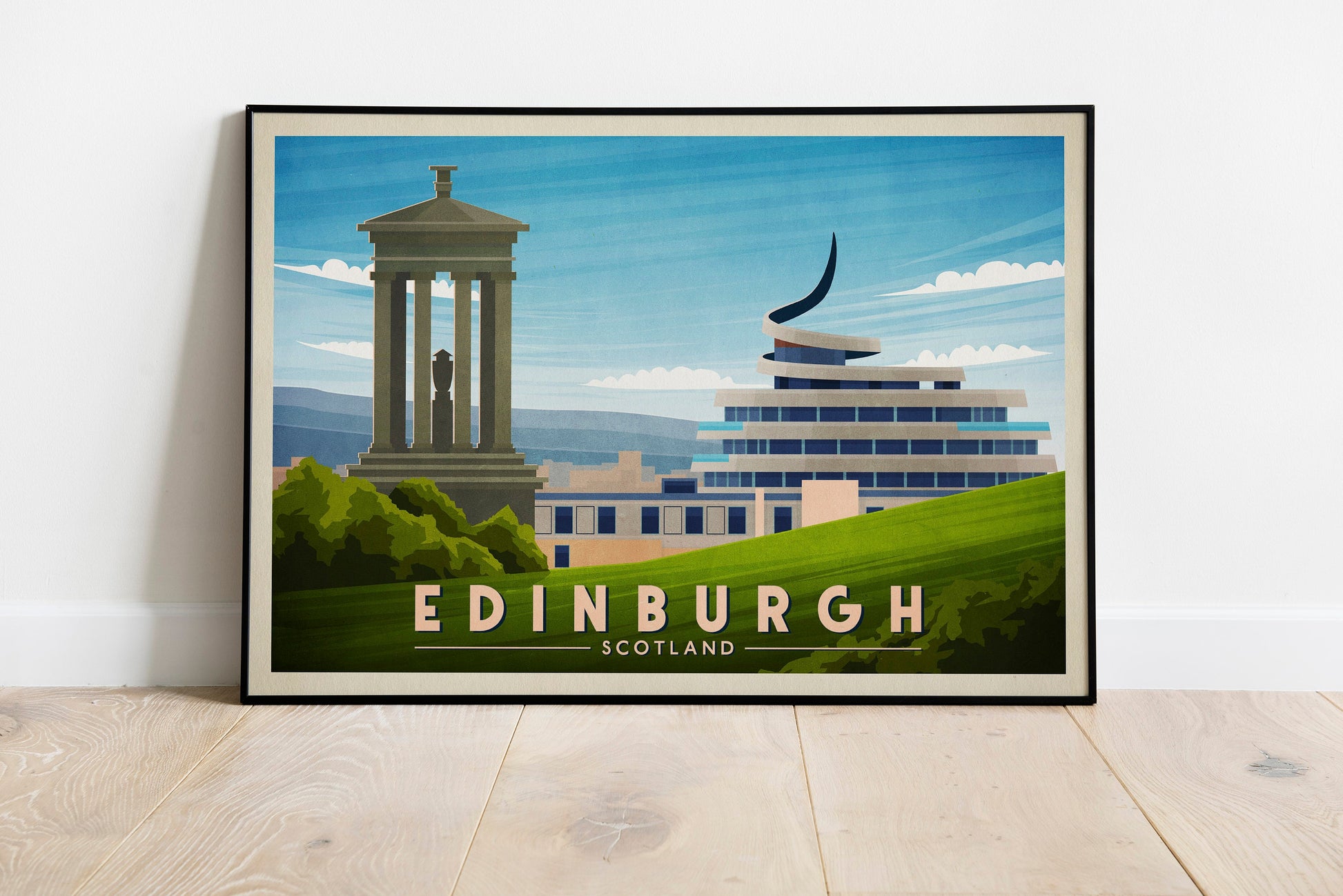 Edinburgh Print featuring Calton Hill and St James Quarter, Vintage looking Edinburgh Travel Poster, Scottish Art, Wall Art