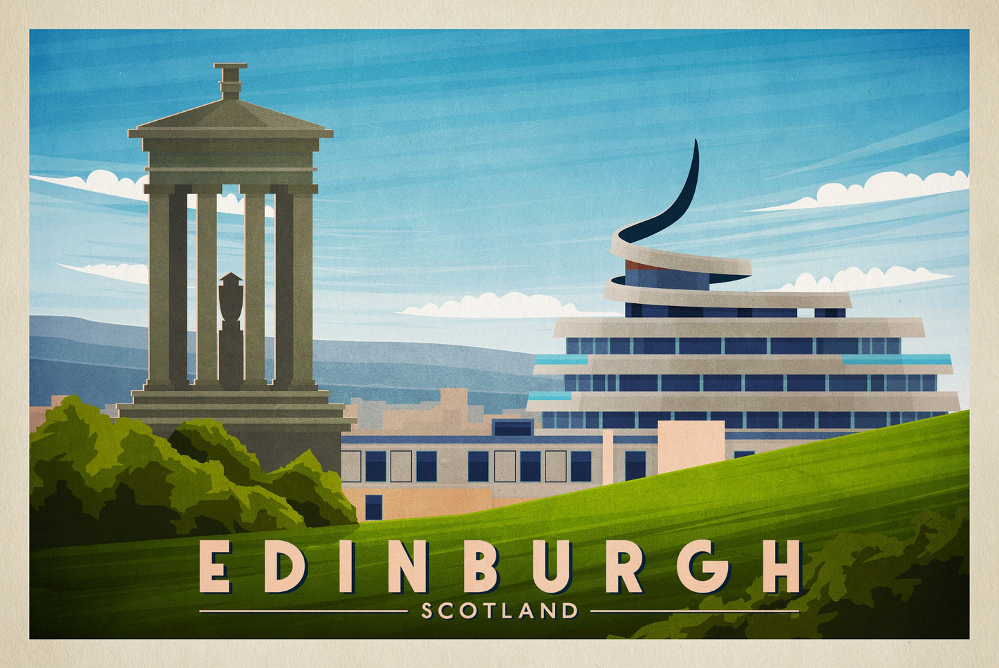 Edinburgh Print featuring Calton Hill and St James Quarter, Vintage looking Edinburgh Travel Poster, Scottish Art, Wall Art