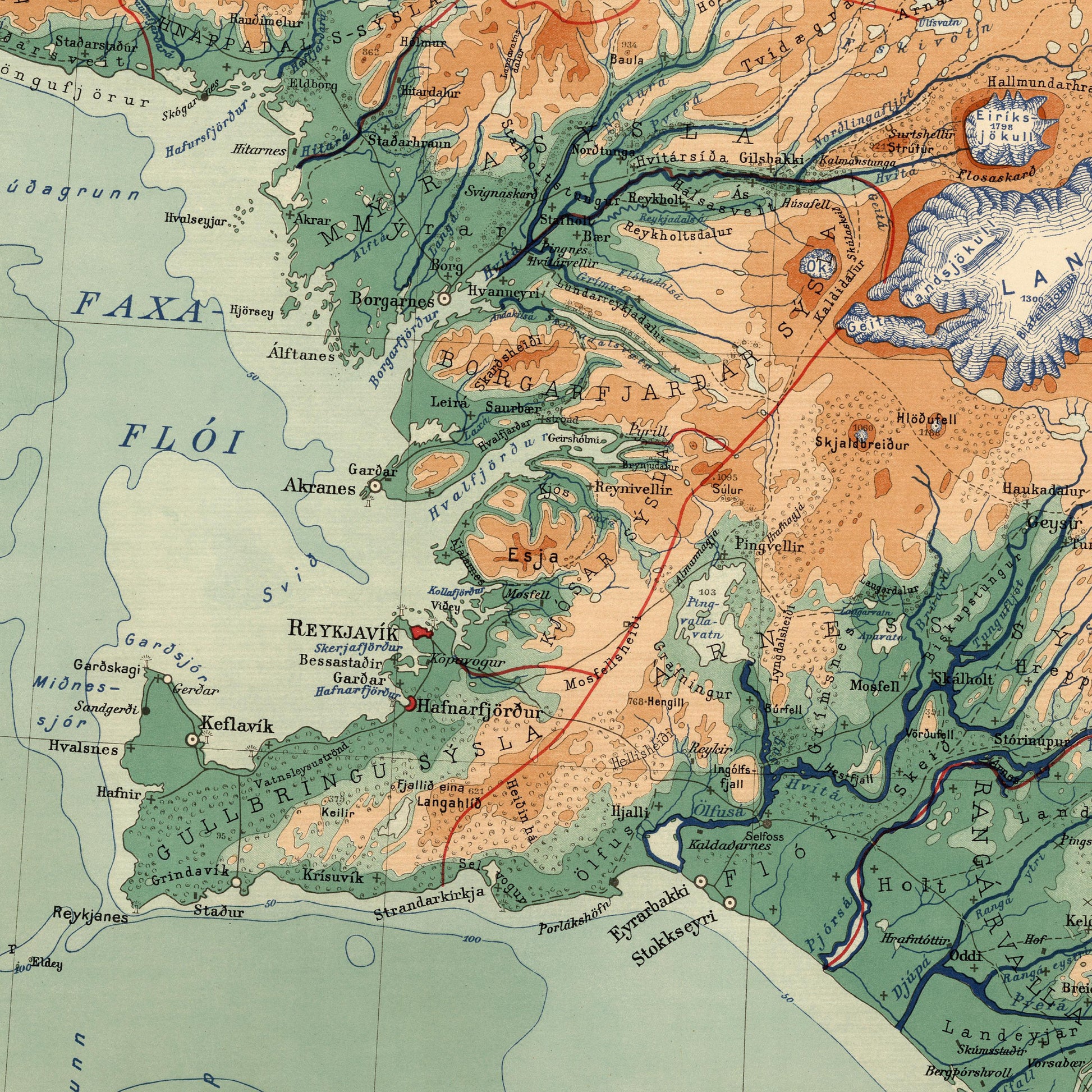 Old Map of Iceland - Topological Nordic Print - Reykjavik - Keflavik - Geysir -Gulfoss - Volcanoes - Glaciers - Samuel Eggertsson - 1928