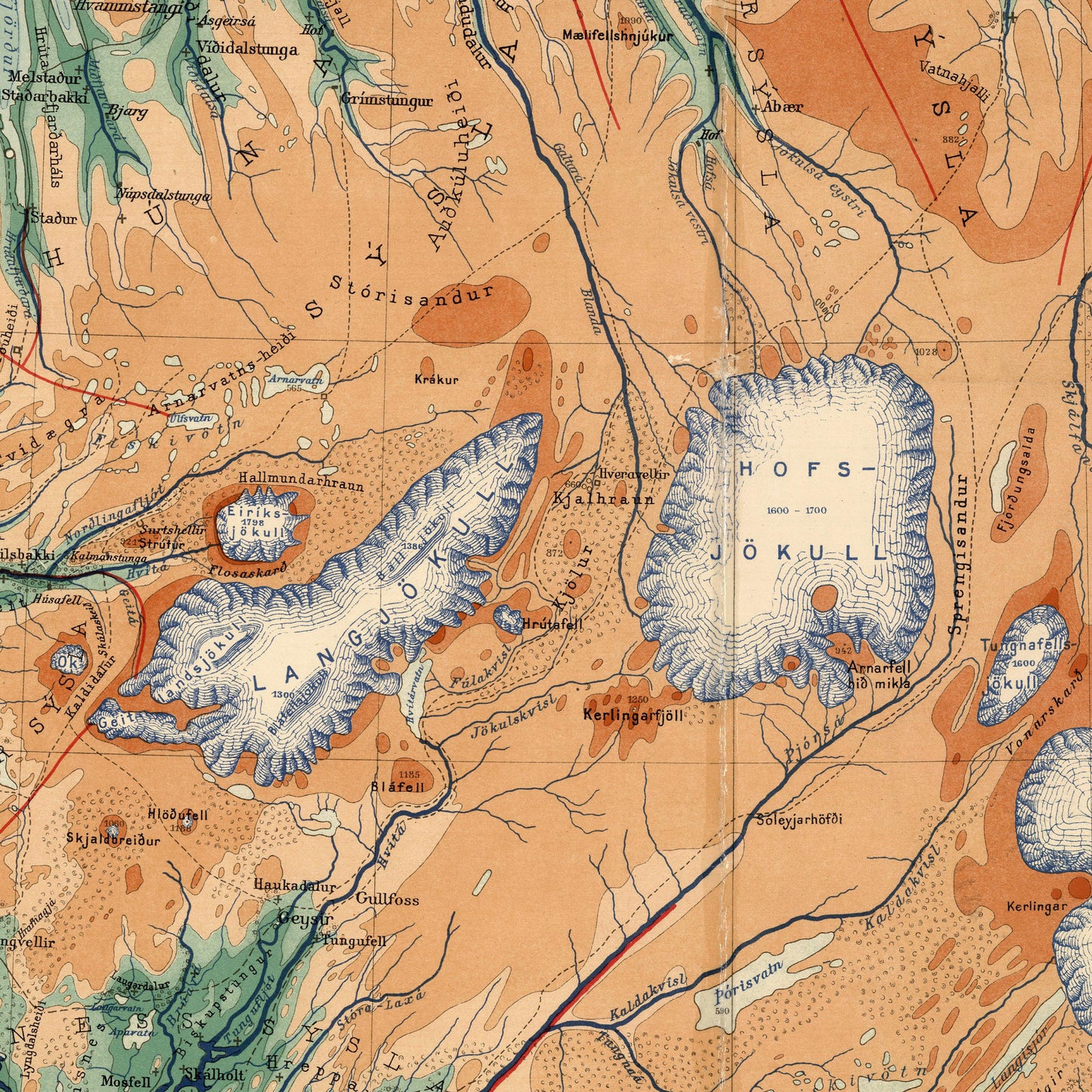 Old Map of Iceland - Topological Nordic Print - Reykjavik - Keflavik - Geysir -Gulfoss - Volcanoes - Glaciers - Samuel Eggertsson - 1928