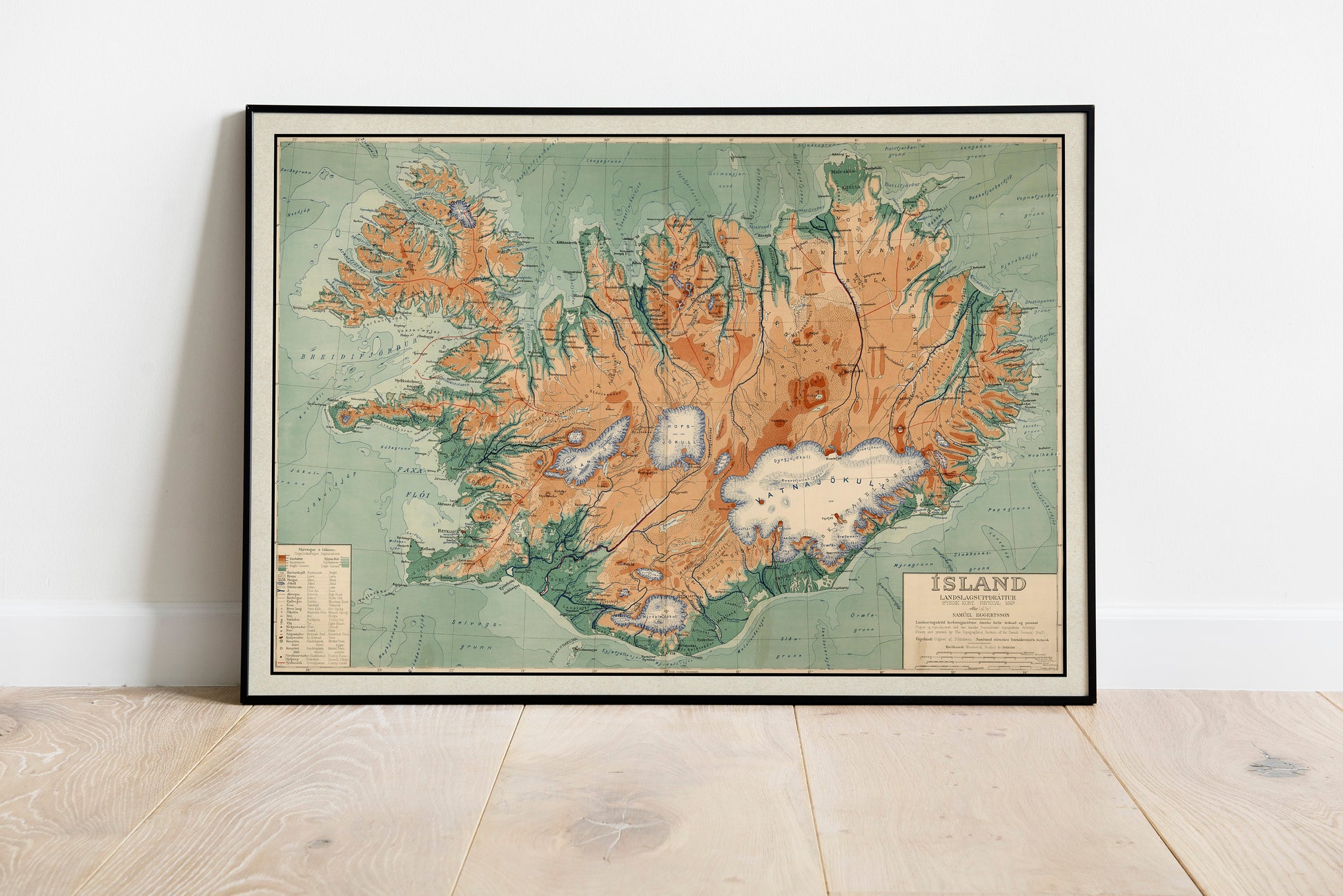 Old Map of Iceland - Topological Nordic Print - Reykjavik - Keflavik - Geysir -Gulfoss - Volcanoes - Glaciers - Samuel Eggertsson - 1928