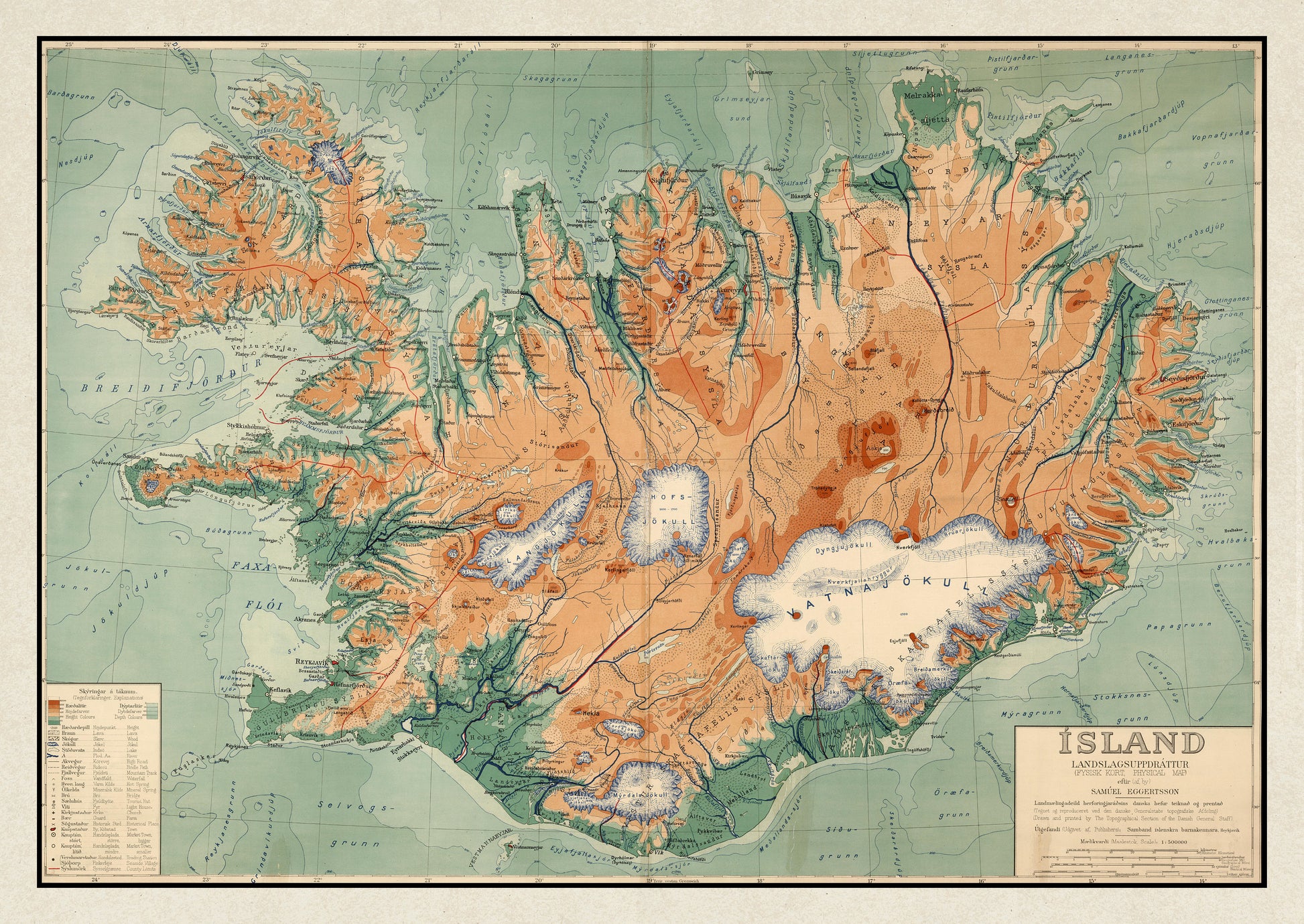 Old Map of Iceland - Topological Nordic Print - Reykjavik - Keflavik - Geysir -Gulfoss - Volcanoes - Glaciers - Samuel Eggertsson - 1928