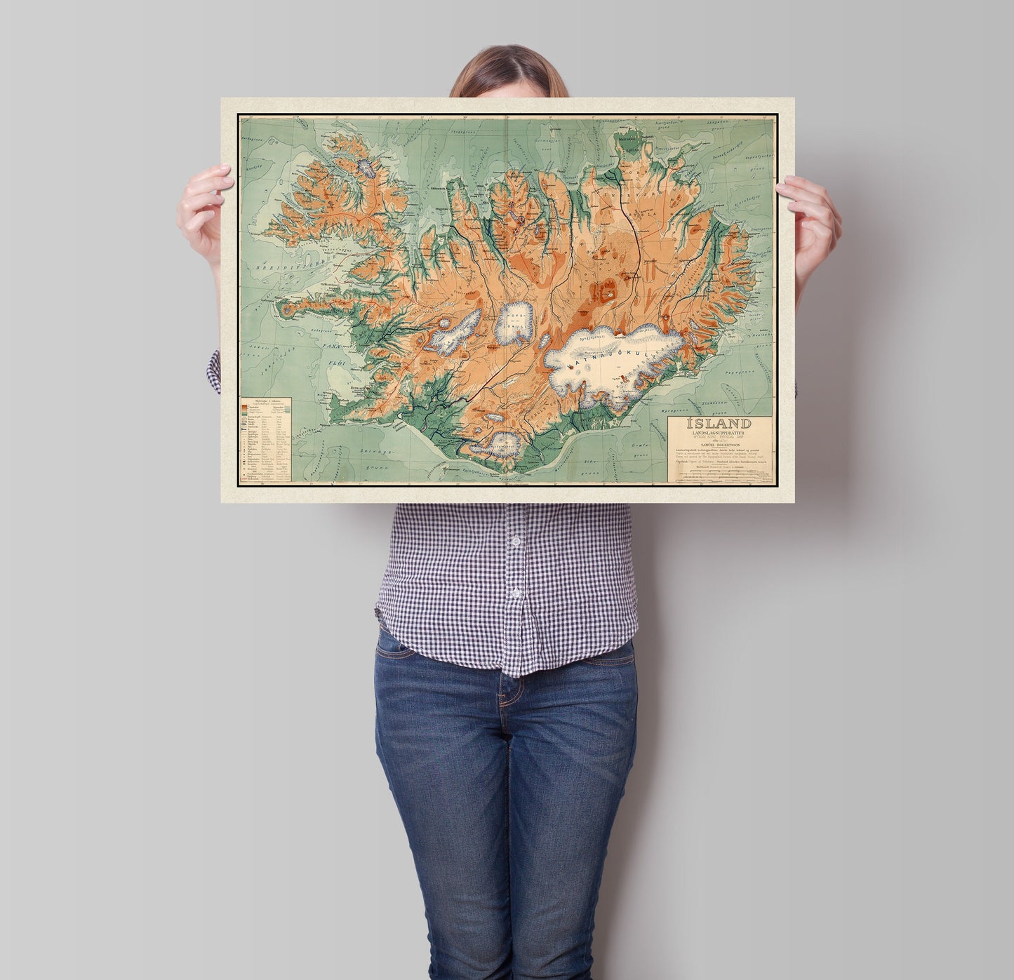 Old Map of Iceland - Topological Nordic Print - Reykjavik - Keflavik - Geysir -Gulfoss - Volcanoes - Glaciers - Samuel Eggertsson - 1928