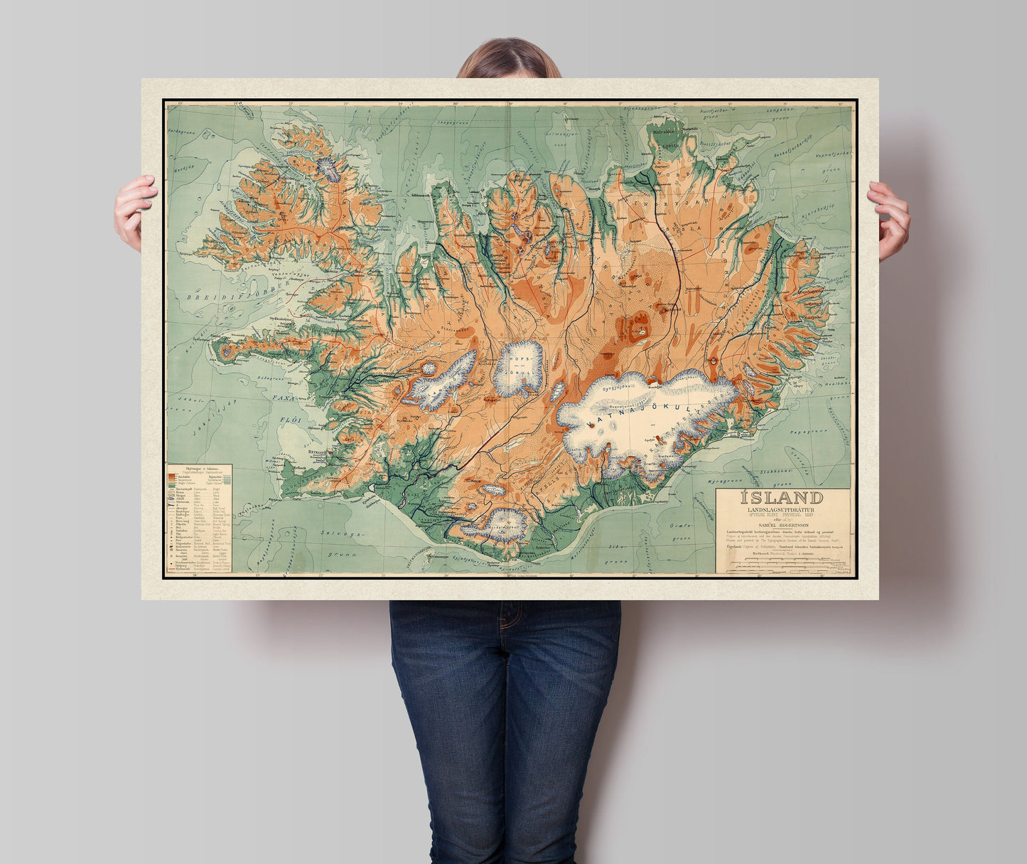 Old Map of Iceland - Topological Nordic Print - Reykjavik - Keflavik - Geysir -Gulfoss - Volcanoes - Glaciers - Samuel Eggertsson - 1928