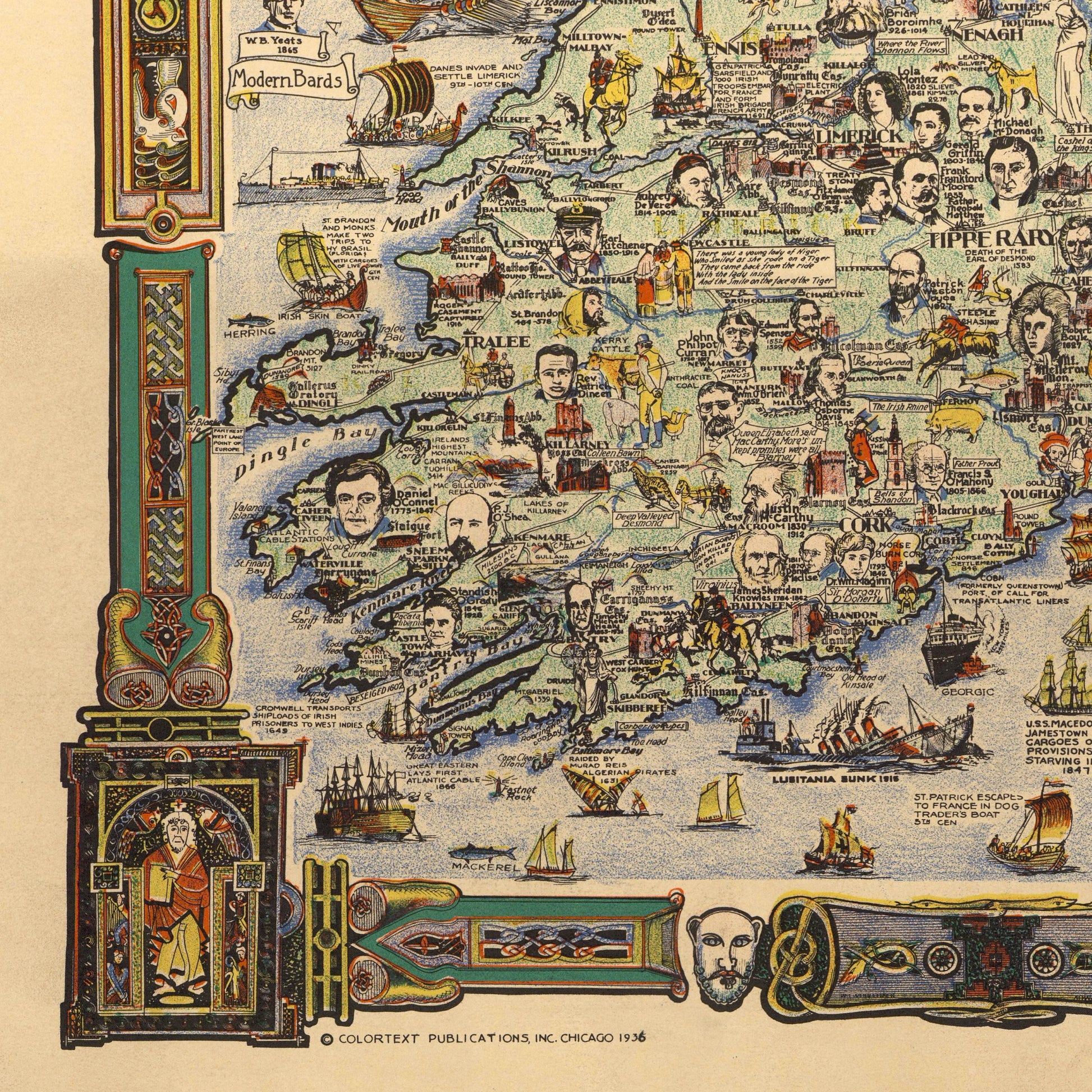 Story Map of Ireland, Vintage Pictorial Irish Poster featuring Historical Figures, 1936