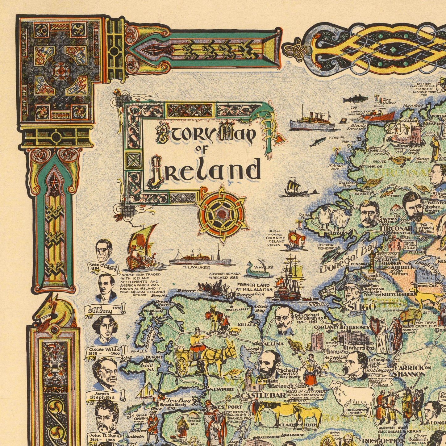 Story Map of Ireland, Vintage Pictorial Irish Poster featuring Historical Figures, 1936