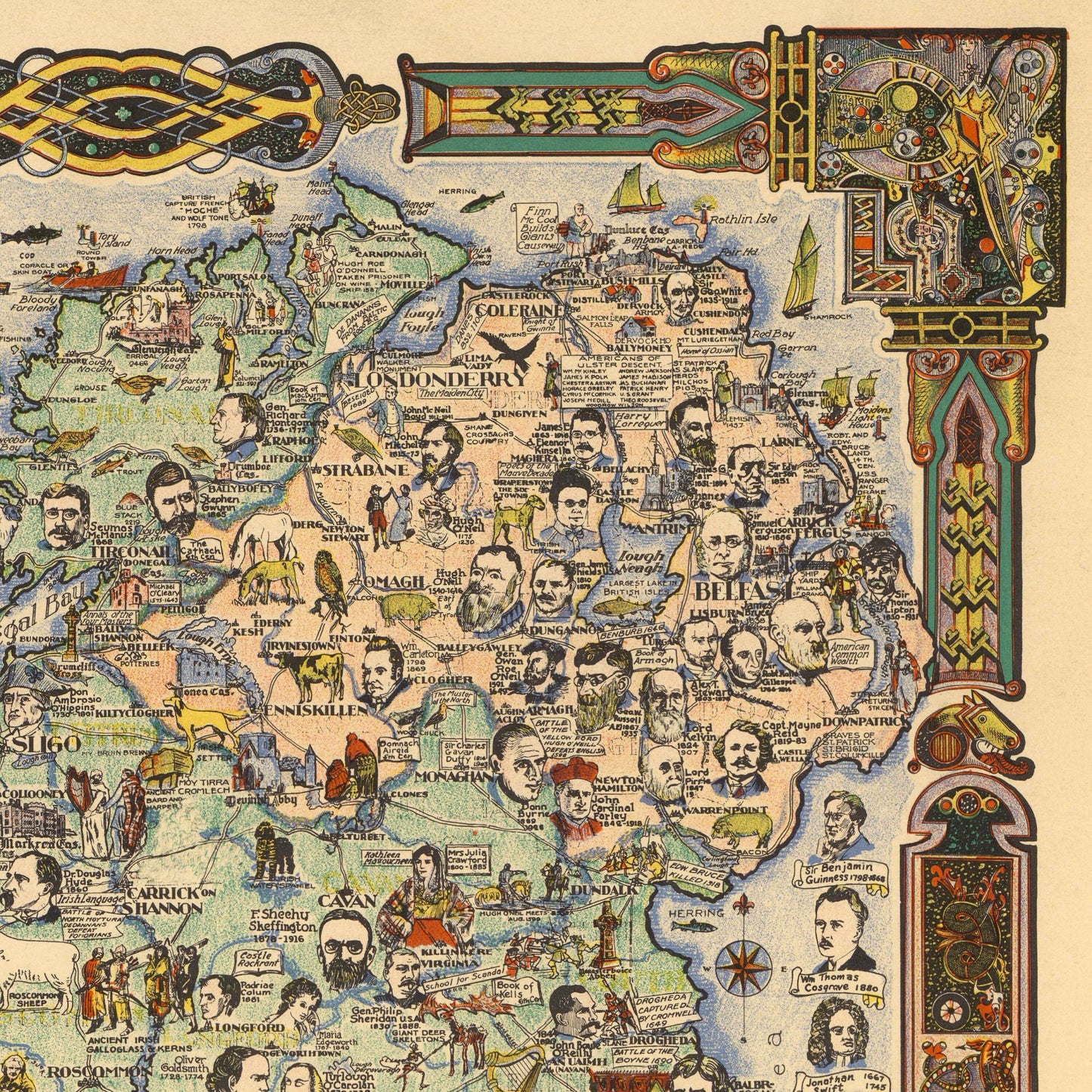 Story Map of Ireland, Vintage Pictorial Irish Poster featuring Historical Figures, 1936