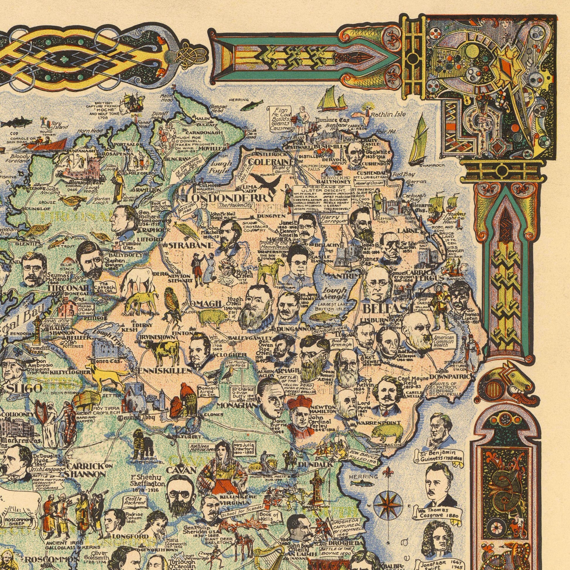 Story Map of Ireland, Vintage Pictorial Irish Poster featuring Historical Figures, 1936