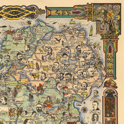 Story Map of Ireland, Vintage Pictorial Irish Poster featuring Historical Figures, 1936