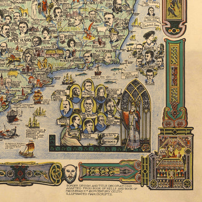 Story Map of Ireland, Vintage Pictorial Irish Poster featuring Historical Figures, 1936