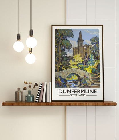 Dunfermline Travel Poster, Fife Bridge illustration, dunfermline Abbey, Scottish Art