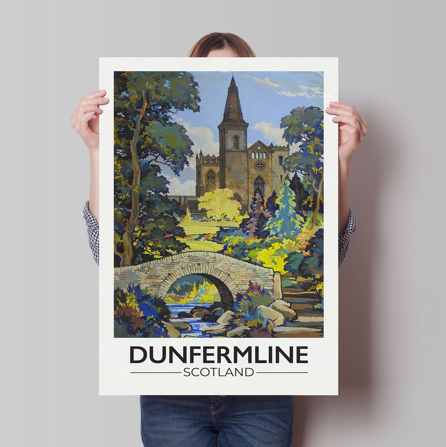 Dunfermline Travel Poster, Fife Bridge illustration, dunfermline Abbey, Scottish Art