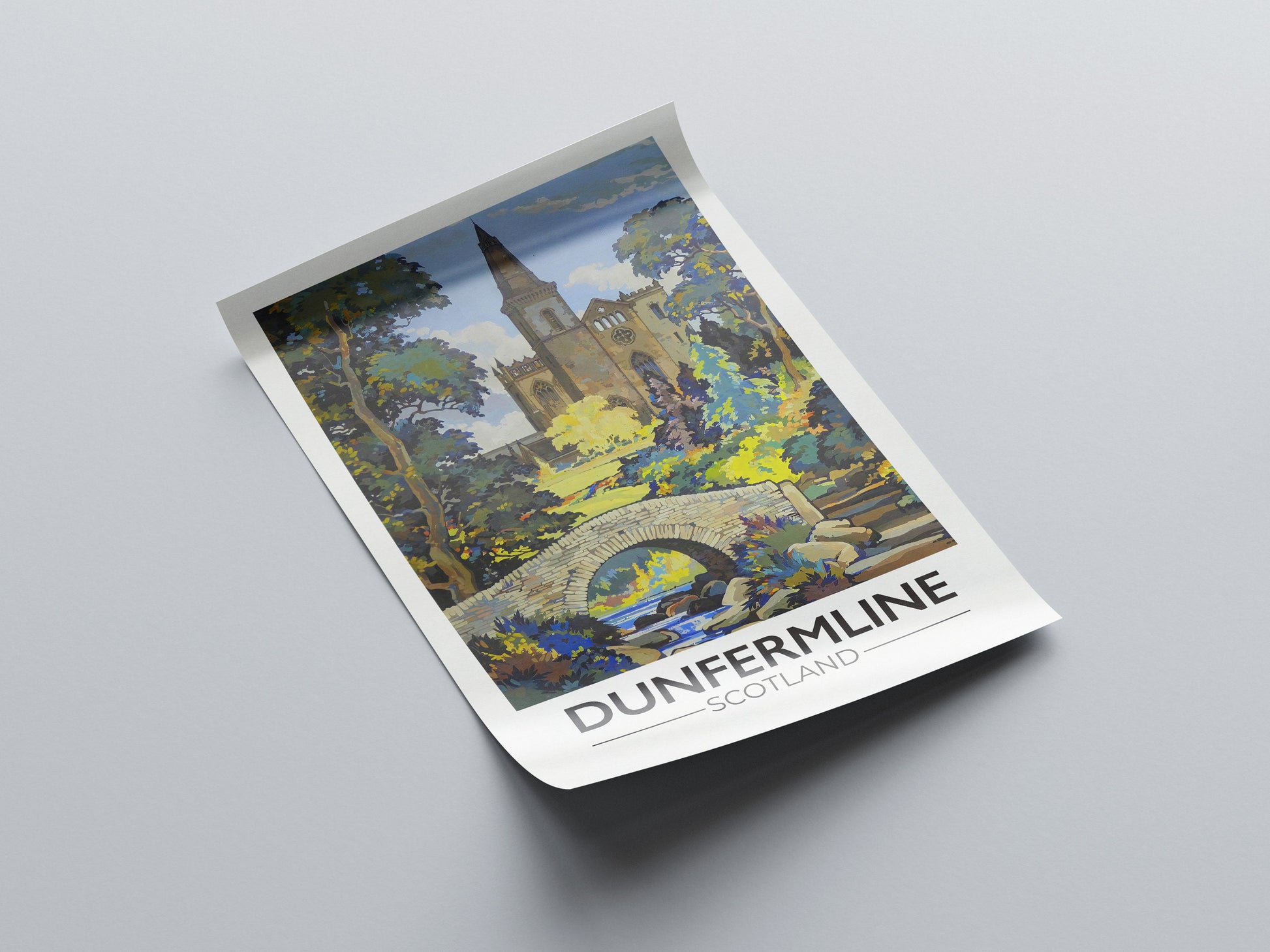 Dunfermline Travel Poster, Fife Bridge illustration, dunfermline Abbey, Scottish Art