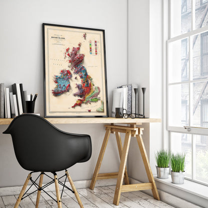 British Islands Geology Elevation Map - 2D Giclée Vintage United Kingdom & Ireland Poster - Geological Survey 3D effect shaded relief Print