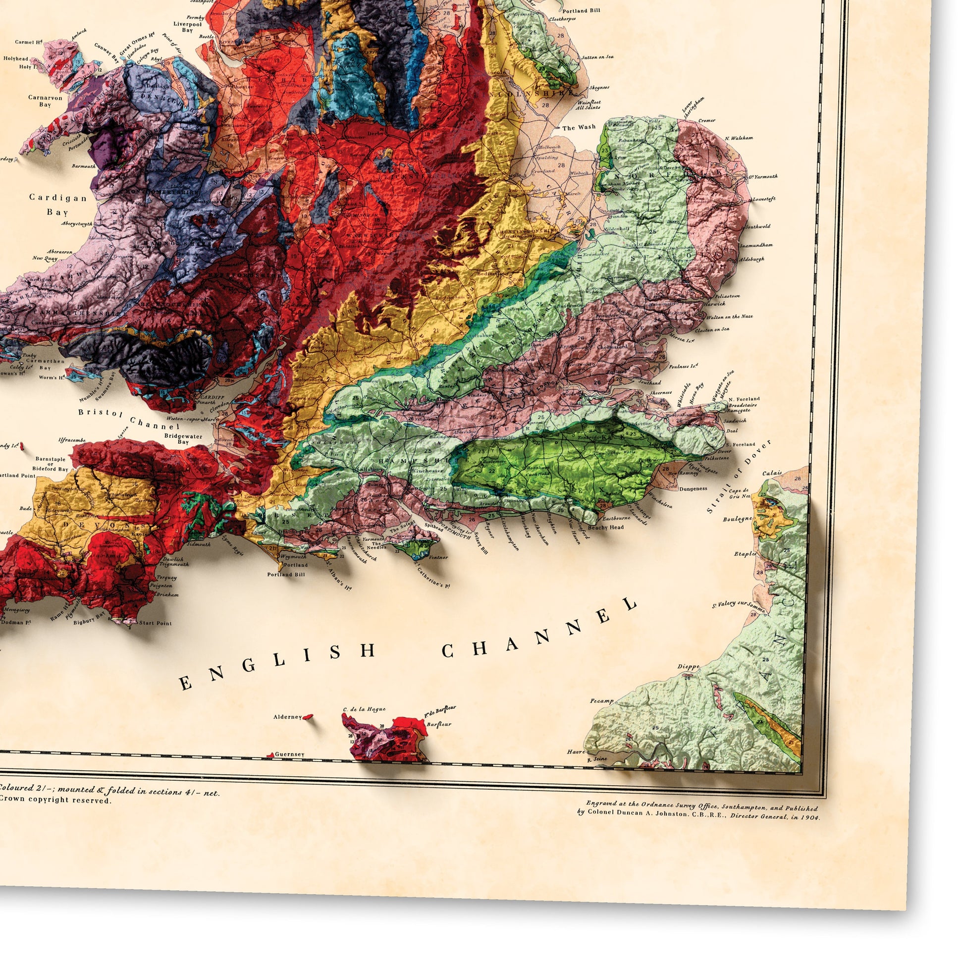 British Islands Geology Elevation Map - 2D Giclée Vintage United Kingdom & Ireland Poster - Geological Survey 3D effect shaded relief Print