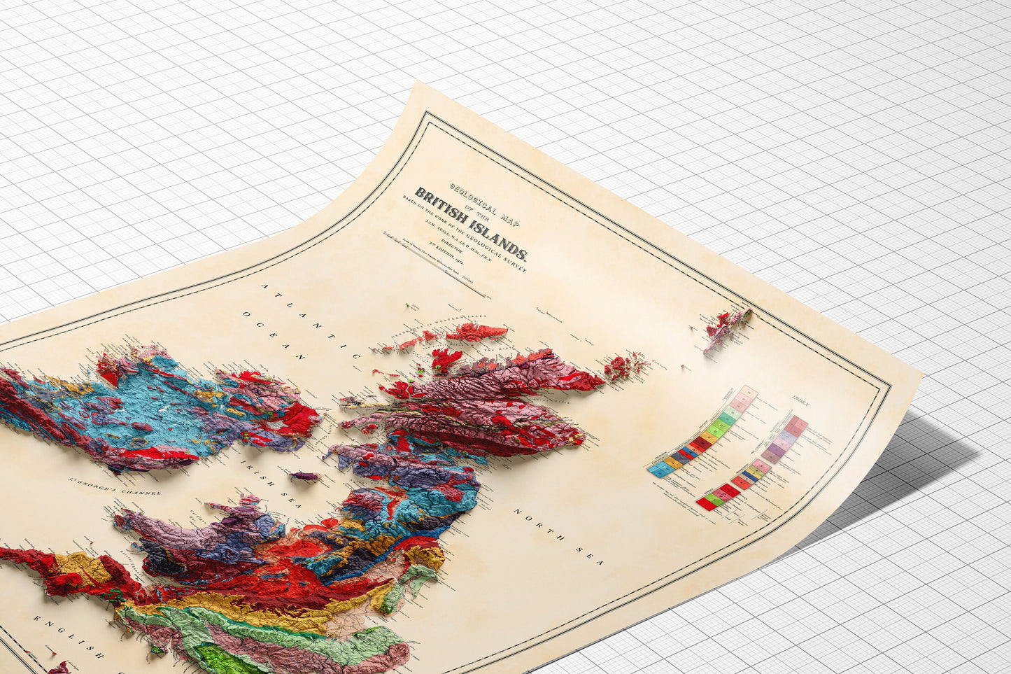 British Islands Geology Elevation Map - 2D Giclée Vintage United Kingdom & Ireland Poster - Geological Survey 3D effect shaded relief Print