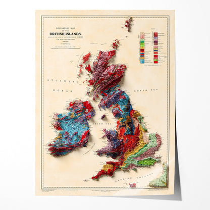 British Islands Geology Elevation Map - 2D Giclée Vintage United Kingdom & Ireland Poster - Geological Survey 3D effect shaded relief Print