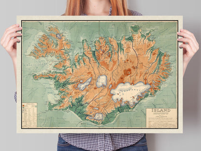 Old Map of Iceland - Topological Nordic Print - Reykjavik - Keflavik - Geysir -Gulfoss - Volcanoes - Glaciers - Samuel Eggertsson - 1928