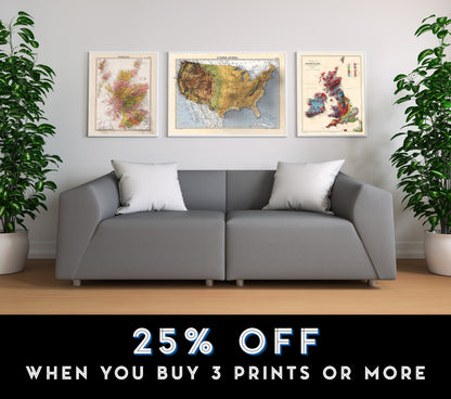 USA terrain relief map - 2D Giclée Print - 3D effect shaded relief Poster of the United States - - Vintage Style 1871 America Elevation Map