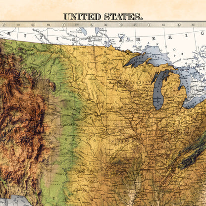 USA terrain relief map - 2D Giclée Print - 3D effect shaded relief Poster of the United States - - Vintage Style 1871 America Elevation Map