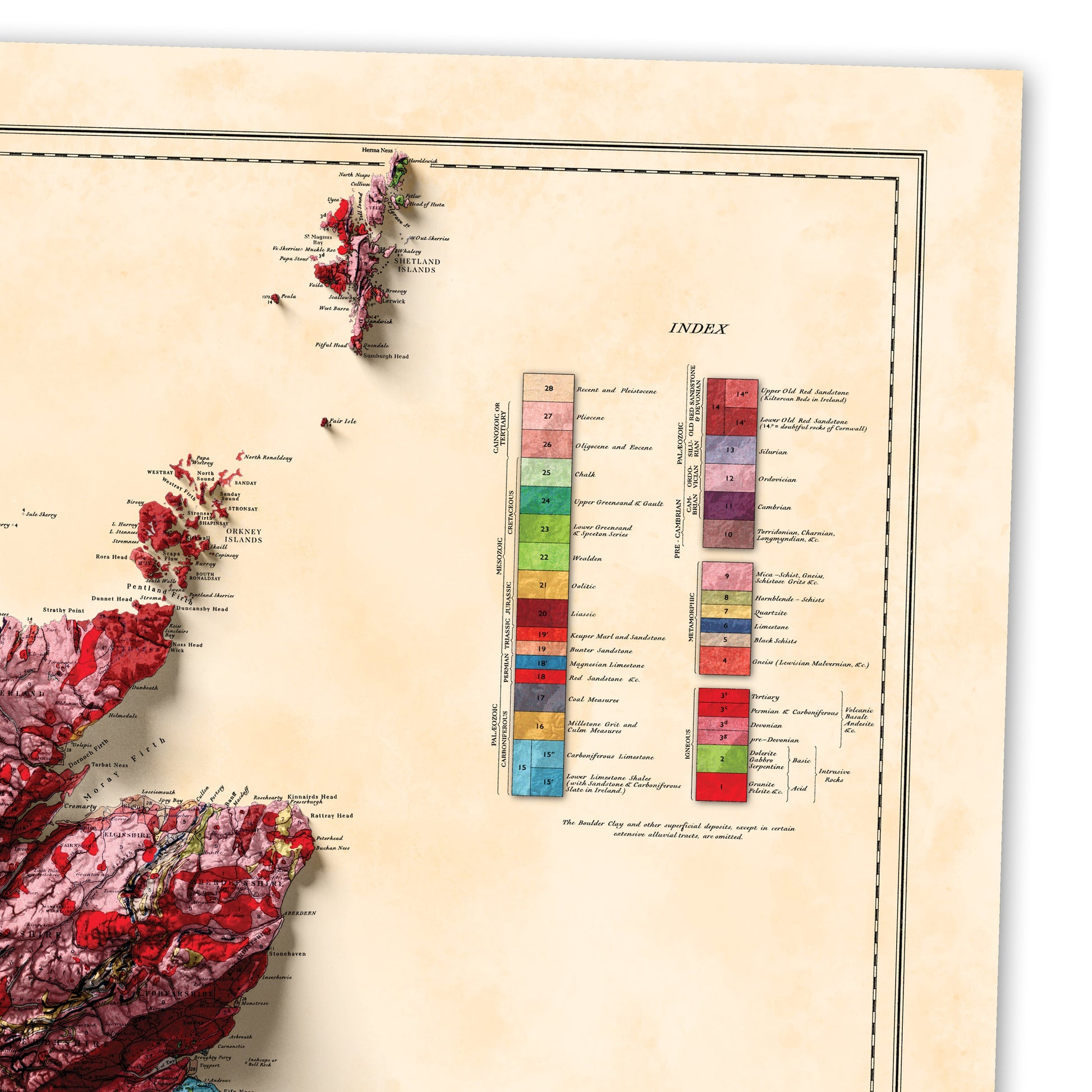 British Islands Geology Elevation Map - 2D Giclée Vintage United Kingdom & Ireland Poster - Geological Survey 3D effect shaded relief Print