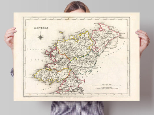 Donegal Map, Old Vintage Irish Print, Donegal County - Banagh - Tirhugh - Boylagh - Kilmacrenan - Inishowen - Ardara - Irish Poster