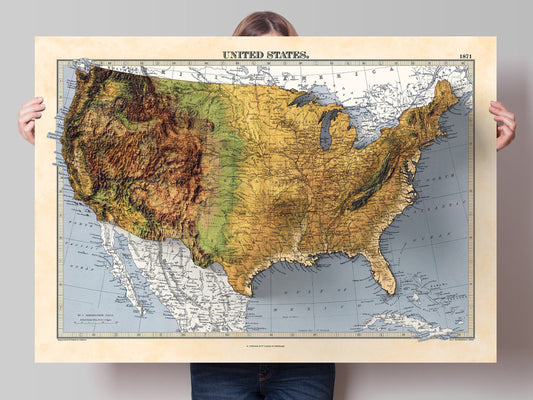 USA terrain relief map - 2D Giclée Print - 3D effect shaded relief Poster of the United States - - Vintage Style 1871 America Elevation Map